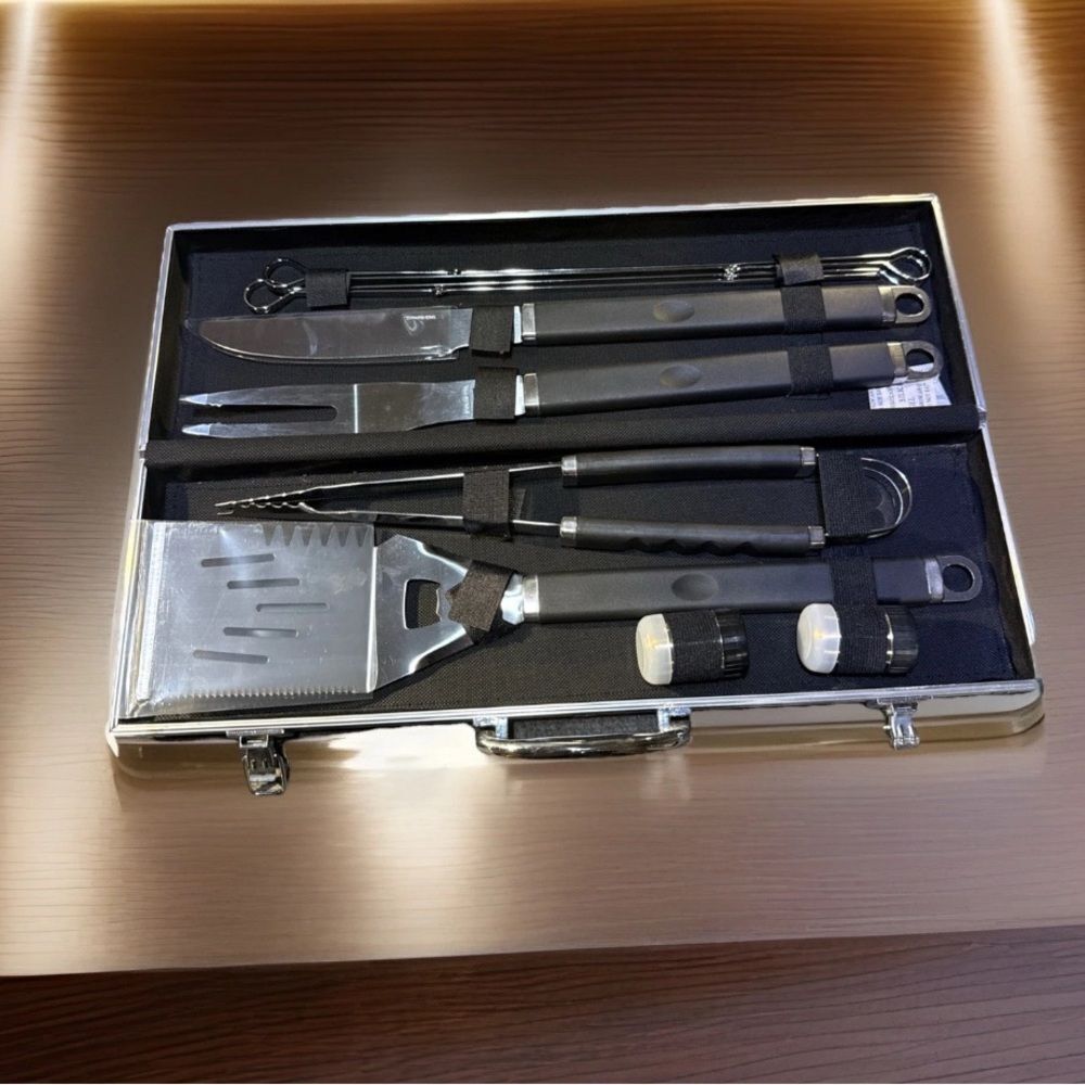 7-Piece BBQ Grill Utensil Set Stainless Steel Tools Tongs Spatula Skewers Case